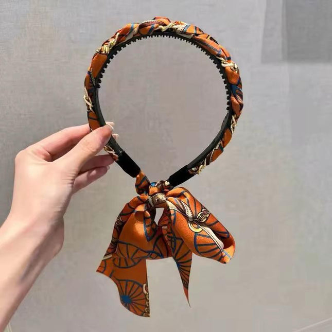 Braided Scarf Headband with Bow Tie – Printed Silk-Feel Ribbon Hairband | Vintage Style Hair Accessory for Women (VT-38)