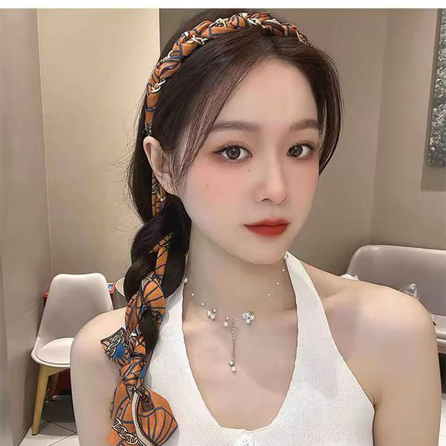 Braided Scarf Headband with Bow Tie – Printed Silk-Feel Ribbon Hairband | Vintage Style Hair Accessory for Women (VT-38)