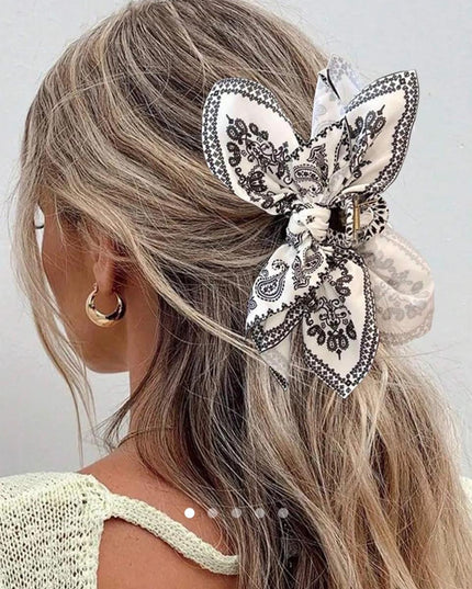 Paisley Print Bow Scrunchie Claw Clip – Bandana Fabric Hair Tie & Claw | Boho Hair Accessory for Women (VT-40)