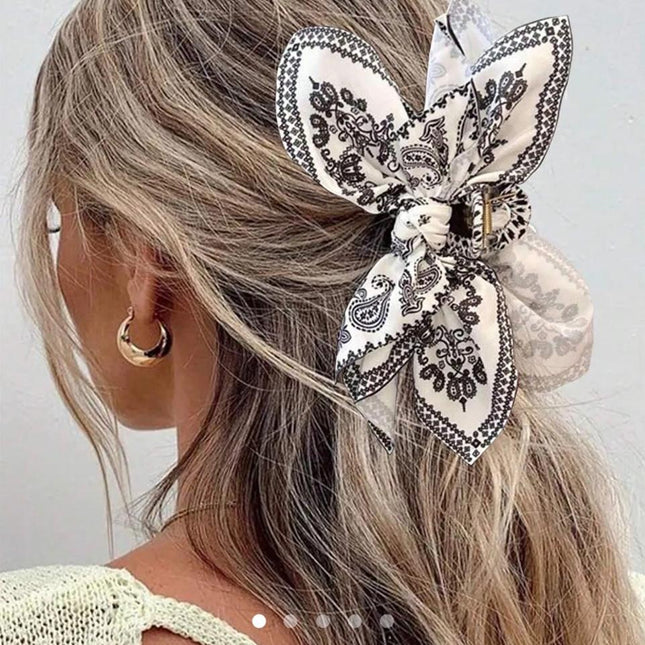 Paisley Print Bow Scrunchie Claw Clip – Bandana Fabric Hair Tie & Claw | Boho Hair Accessory for Women (VT-40)