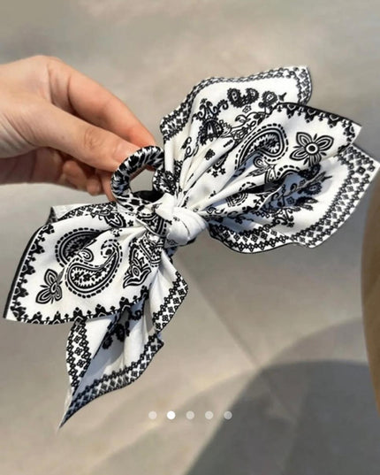Paisley Print Bow Scrunchie Claw Clip – Bandana Fabric Hair Tie & Claw | Boho Hair Accessory for Women (VT-40)
