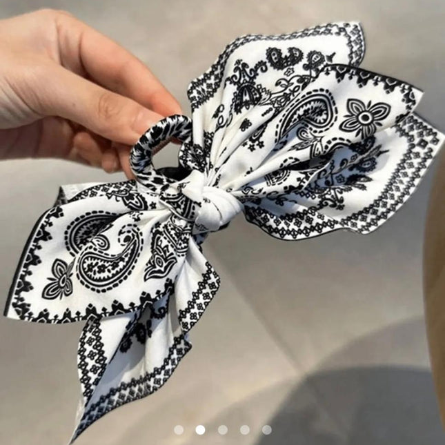 Paisley Print Bow Scrunchie Claw Clip – Bandana Fabric Hair Tie & Claw | Boho Hair Accessory for Women (VT-40)