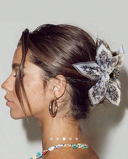 Paisley Print Bow Scrunchie Claw Clip – Bandana Fabric Hair Tie & Claw | Boho Hair Accessory for Women (VT-40)