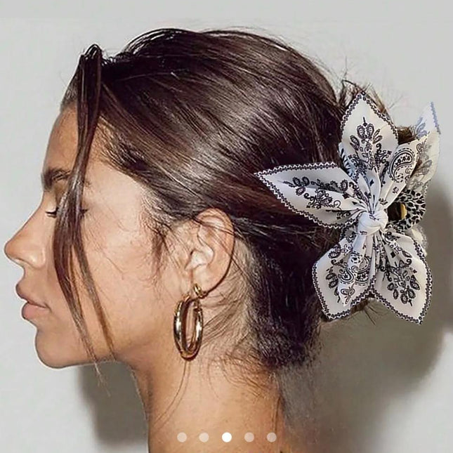 Paisley Print Bow Scrunchie Claw Clip – Bandana Fabric Hair Tie & Claw | Boho Hair Accessory for Women (VT-40)