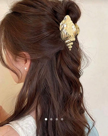 Gold Conch Shell Claw Clip – Metallic Spiral Seashell Hair Claw | Statement Hair Accessory for Women (VT-42)