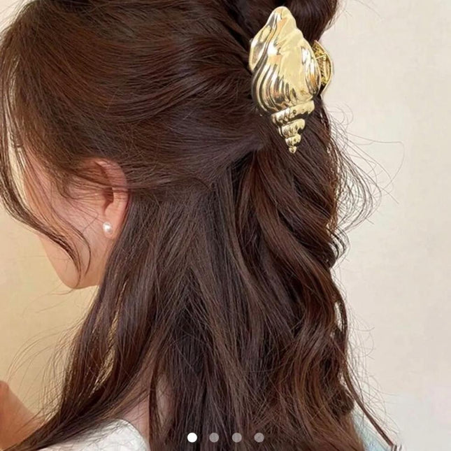 Gold Conch Shell Claw Clip – Metallic Spiral Seashell Hair Claw | Statement Hair Accessory for Women (VT-42)