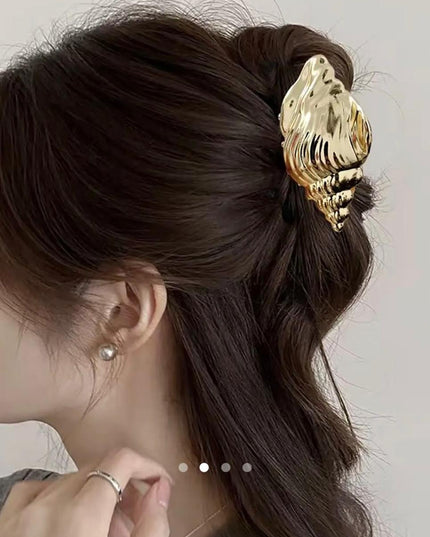 Gold Conch Shell Claw Clip – Metallic Spiral Seashell Hair Claw | Statement Hair Accessory for Women (VT-42)