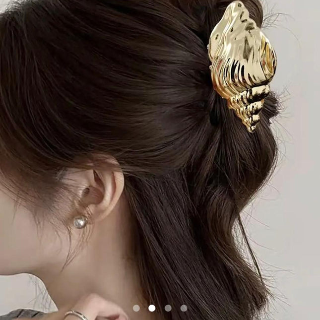 Gold Conch Shell Claw Clip – Metallic Spiral Seashell Hair Claw | Statement Hair Accessory for Women (VT-42)