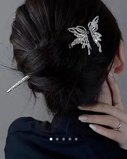 Silver Butterfly Hair Stick Pin – Textured Metal Bun Pin with Black Gem | Gothic Vintage Hair Accessory for Women (VT-45)