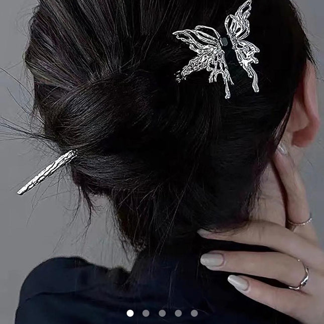 Silver Butterfly Hair Stick Pin – Textured Metal Bun Pin with Black Gem | Gothic Vintage Hair Accessory for Women (VT-45)