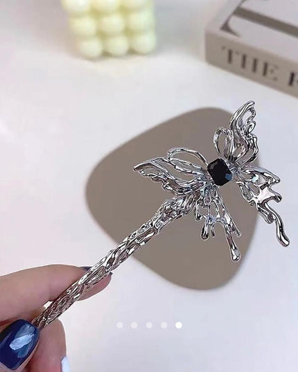 Silver Butterfly Hair Stick Pin – Textured Metal Bun Pin with Black Gem | Gothic Vintage Hair Accessory for Women (VT-45)