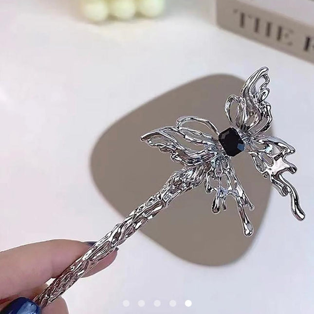 Silver Butterfly Hair Stick Pin – Textured Metal Bun Pin with Black Gem | Gothic Vintage Hair Accessory for Women (VT-45)