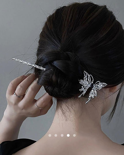Silver Butterfly Hair Stick Pin – Textured Metal Bun Pin with Black Gem | Gothic Vintage Hair Accessory for Women (VT-45)