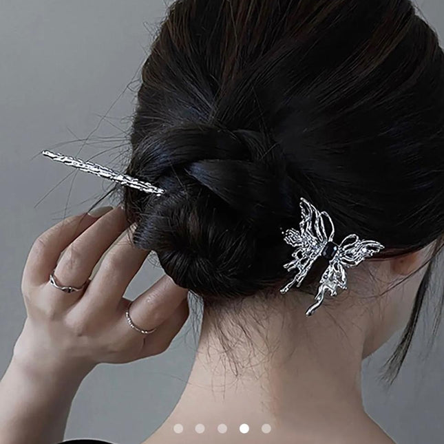 Silver Butterfly Hair Stick Pin – Textured Metal Bun Pin with Black Gem | Gothic Vintage Hair Accessory for Women (VT-45)