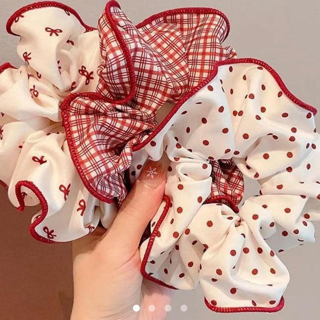 Red & White Print Scrunchie Set (3 Pcs) – Gingham, Polka Dot & Bow Print Hair Ties | Cottagecore Aesthetic Hair Accessory (VT-47)