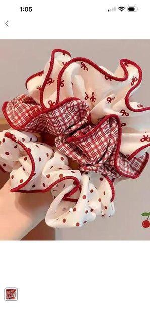 Red & White Print Scrunchie Set (3 Pcs) – Gingham, Polka Dot & Bow Print Hair Ties | Cottagecore Aesthetic Hair Accessory (VT-47)