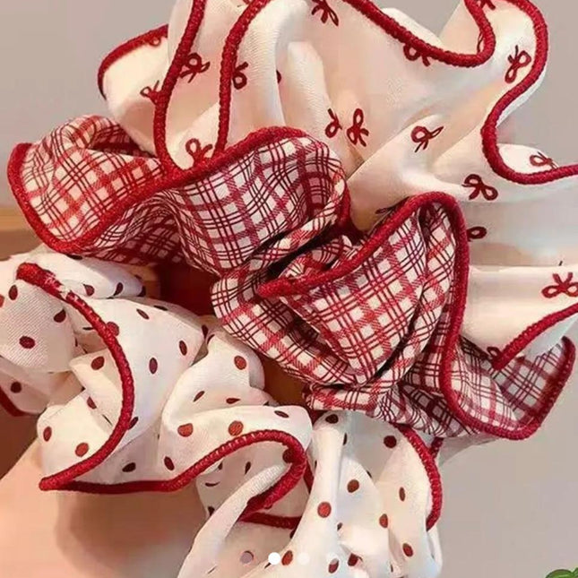 Red & White Print Scrunchie Set (3 Pcs) – Gingham, Polka Dot & Bow Print Hair Ties | Cottagecore Aesthetic Hair Accessory (VT-47)