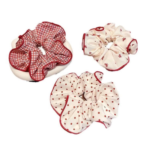 Red & White Print Scrunchie Set (3 Pcs) – Gingham, Polka Dot & Bow Print Hair Ties | Cottagecore Aesthetic Hair Accessory (VT-47)