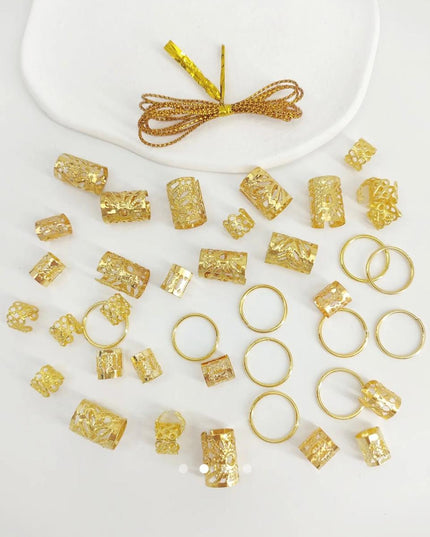 Gold Hair Braid Rings & Cuffs Set (41 Pcs) – Dreadlock & Braid Jewelry Accessories | Boho Hair Decoration Kit (VT-50)