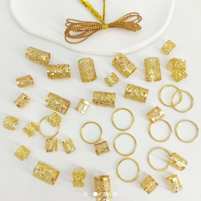 Gold Hair Braid Rings & Cuffs Set (41 Pcs) – Dreadlock & Braid Jewelry Accessories | Boho Hair Decoration Kit (VT-50)