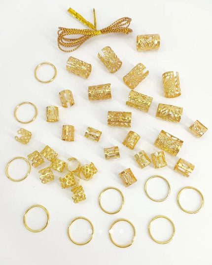 Gold Hair Braid Rings & Cuffs Set (41 Pcs) – Dreadlock & Braid Jewelry Accessories | Boho Hair Decoration Kit (VT-50)