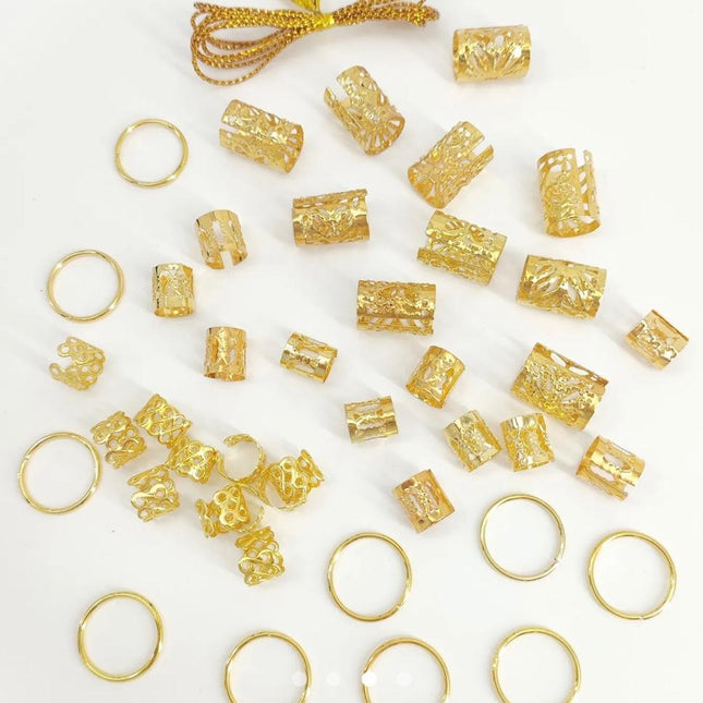 Gold Hair Braid Rings & Cuffs Set (41 Pcs) – Dreadlock & Braid Jewelry Accessories | Boho Hair Decoration Kit (VT-50)