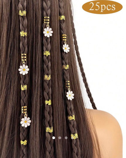 Daisy Flower Hair Braid Rings & Cuffs Set (25 Pcs) – Gold Floral Dreadlock Charms | Boho Braid Jewelry Accessories (VT-51)