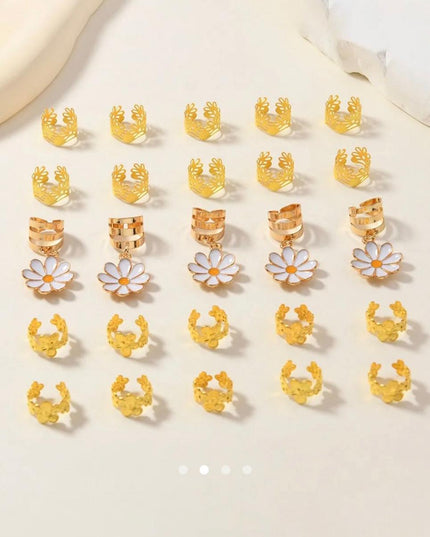 Daisy Flower Hair Braid Rings & Cuffs Set (25 Pcs) – Gold Floral Dreadlock Charms | Boho Braid Jewelry Accessories (VT-51)