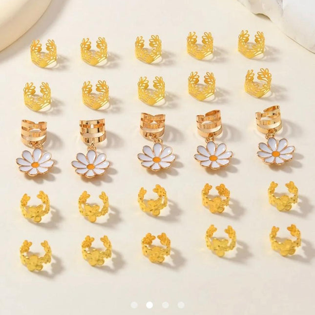 Daisy Flower Hair Braid Rings & Cuffs Set (25 Pcs) – Gold Floral Dreadlock Charms | Boho Braid Jewelry Accessories (VT-51)