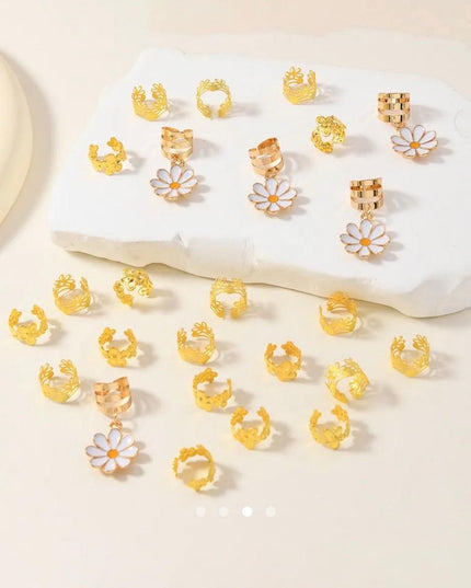 Daisy Flower Hair Braid Rings & Cuffs Set (25 Pcs) – Gold Floral Dreadlock Charms | Boho Braid Jewelry Accessories (VT-51)