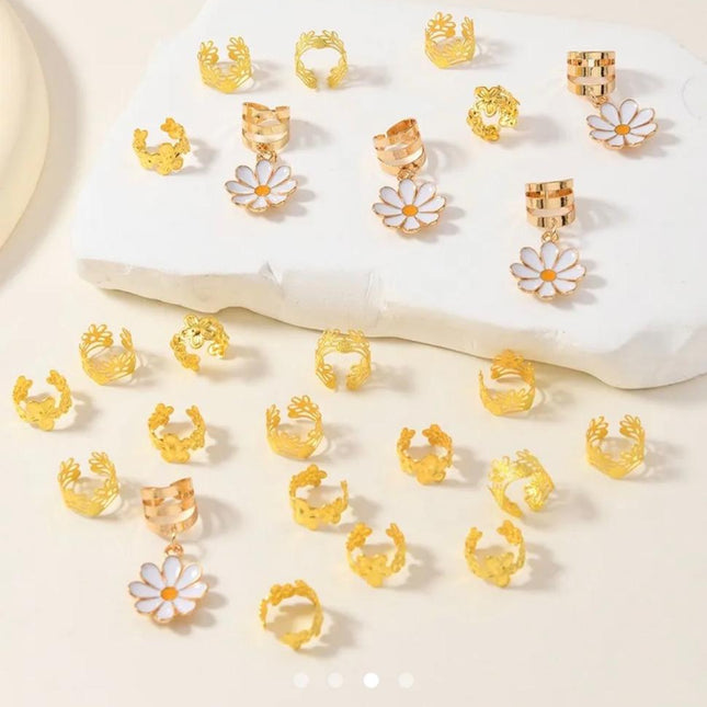 Daisy Flower Hair Braid Rings & Cuffs Set (25 Pcs) – Gold Floral Dreadlock Charms | Boho Braid Jewelry Accessories (VT-51)