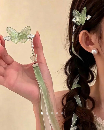 Green Butterfly Hair Clip with Ribbon Tassel – Pearl Beaded Hanfu Hair Accessory | Chinese Style Hair Pin for Women (VT-52)