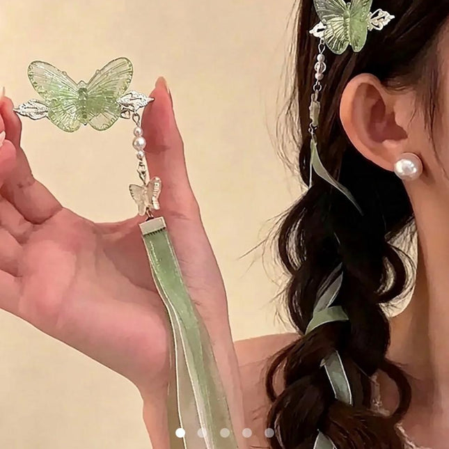 Green Butterfly Hair Clip with Ribbon Tassel – Pearl Beaded Hanfu Hair Accessory | Chinese Style Hair Pin for Women (VT-52)