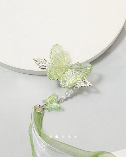 Green Butterfly Hair Clip with Ribbon Tassel – Pearl Beaded Hanfu Hair Accessory | Chinese Style Hair Pin for Women (VT-52)