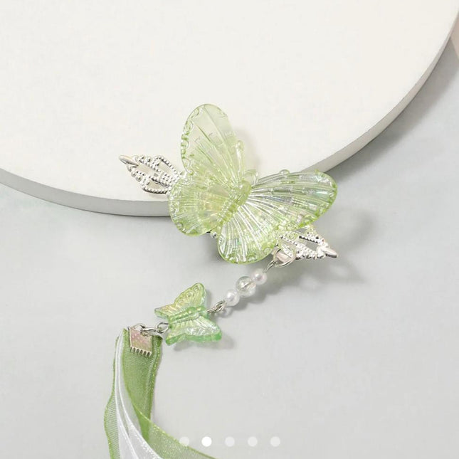 Green Butterfly Hair Clip with Ribbon Tassel – Pearl Beaded Hanfu Hair Accessory | Chinese Style Hair Pin for Women (VT-52)