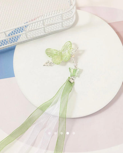 Green Butterfly Hair Clip with Ribbon Tassel – Pearl Beaded Hanfu Hair Accessory | Chinese Style Hair Pin for Women (VT-52)
