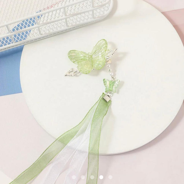 Green Butterfly Hair Clip with Ribbon Tassel – Pearl Beaded Hanfu Hair Accessory | Chinese Style Hair Pin for Women (VT-52)