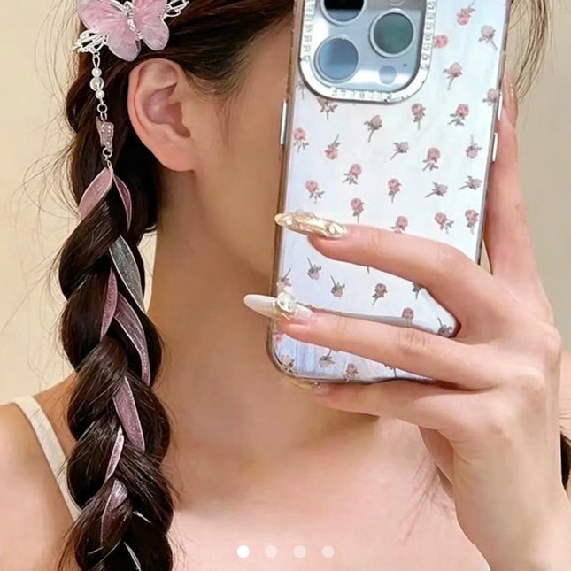 Pink Butterfly Hair Clip with Ribbon Tassel – Pearl Beaded Hanfu Hair Accessory | Chinese Style Hair Pin for Women (VT-53)