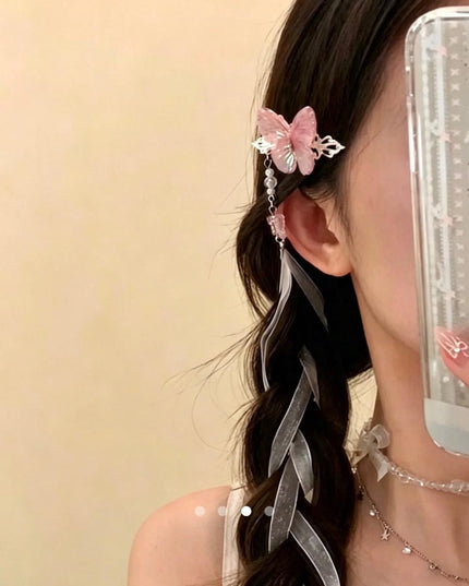 Pink Butterfly Hair Clip with Ribbon Tassel – Pearl Beaded Hanfu Hair Accessory | Chinese Style Hair Pin for Women (VT-53)