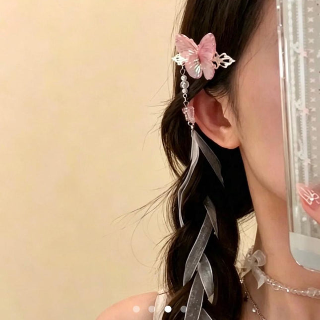 Pink Butterfly Hair Clip with Ribbon Tassel – Pearl Beaded Hanfu Hair Accessory | Chinese Style Hair Pin for Women (VT-53)