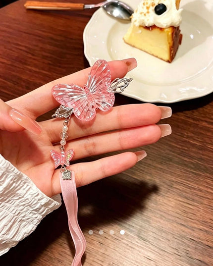 Pink Butterfly Hair Clip with Ribbon Tassel – Pearl Beaded Hanfu Hair Accessory | Chinese Style Hair Pin for Women (VT-53)