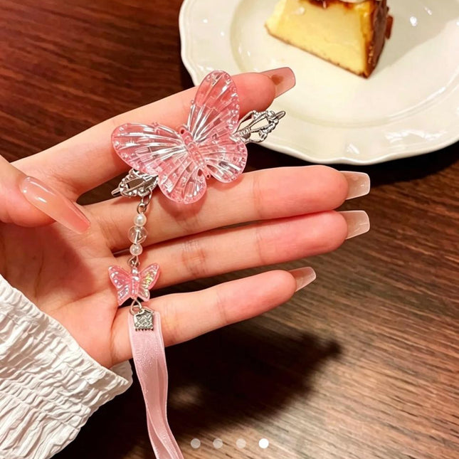 Pink Butterfly Hair Clip with Ribbon Tassel – Pearl Beaded Hanfu Hair Accessory | Chinese Style Hair Pin for Women (VT-53)