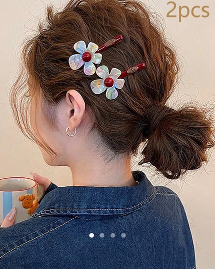 Floral Resin Hair Clips with Red Bead Center (Set of 2) – Iridescent Flower Snap Clips | Cute Aesthetic Hair Accessory (VT-54)