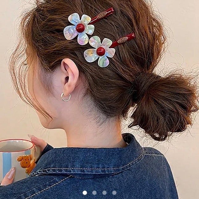 Floral Resin Hair Clips with Red Bead Center (Set of 2) – Iridescent Flower Snap Clips | Cute Aesthetic Hair Accessory (VT-54)