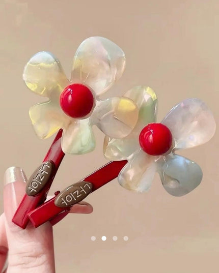 Floral Resin Hair Clips with Red Bead Center (Set of 2) – Iridescent Flower Snap Clips | Cute Aesthetic Hair Accessory (VT-54)