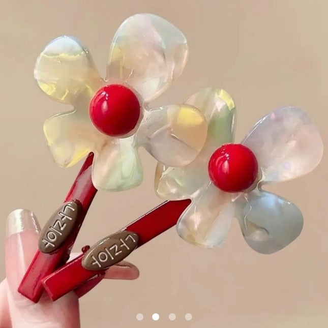 Floral Resin Hair Clips with Red Bead Center (Set of 2) – Iridescent Flower Snap Clips | Cute Aesthetic Hair Accessory (VT-54)