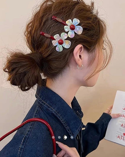 Floral Resin Hair Clips with Red Bead Center (Set of 2) – Iridescent Flower Snap Clips | Cute Aesthetic Hair Accessory (VT-54)