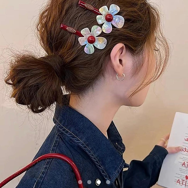 Floral Resin Hair Clips with Red Bead Center (Set of 2) – Iridescent Flower Snap Clips | Cute Aesthetic Hair Accessory (VT-54)