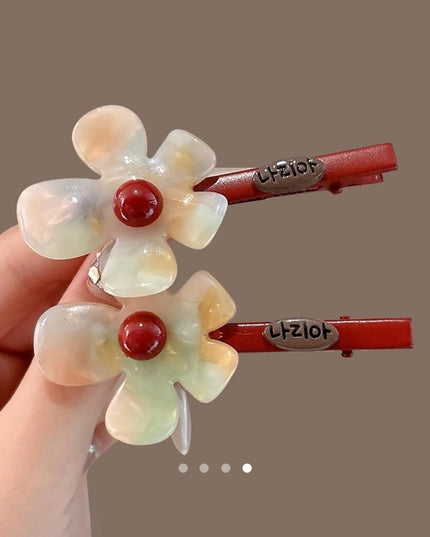 Floral Resin Hair Clips with Red Bead Center (Set of 2) – Iridescent Flower Snap Clips | Cute Aesthetic Hair Accessory (VT-54)