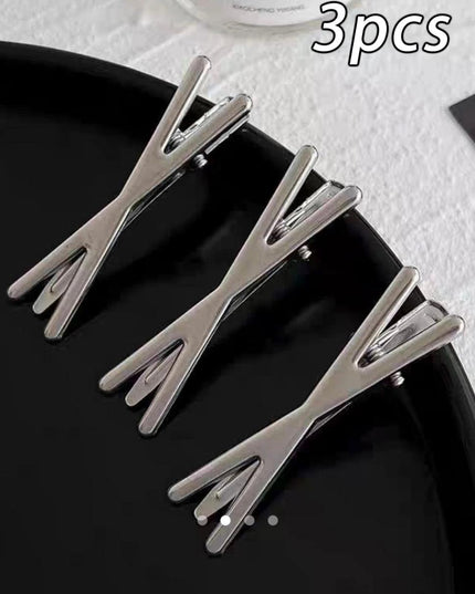 Geometric X-Shape Metal Hair Clips (Set of 3) – Minimalist Silver Snap Clips | Y2K Aesthetic Hair Accessory (VT-55)